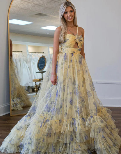 A-Line Halter Tiered Long Prom Dress