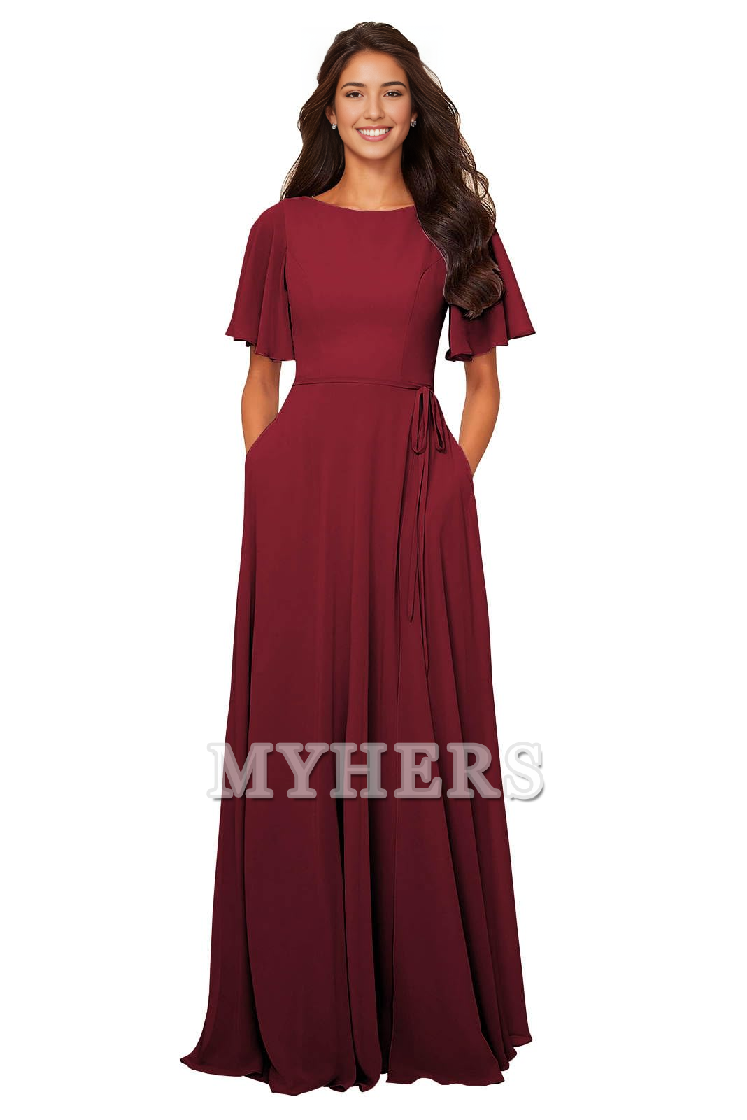 Chiffon Modest A Line Bateau Neck Flutter Sleeve Elegant Bridesmaid Dresses Wedding Guests Dresses