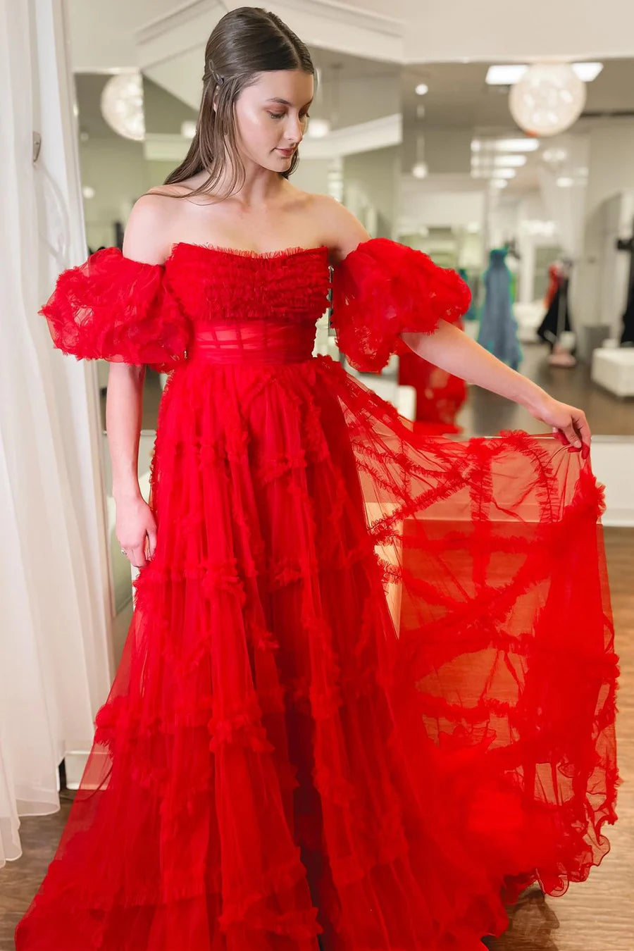 Strapless Ruffles A-Line Long Formal Dress with Puff Sleeves