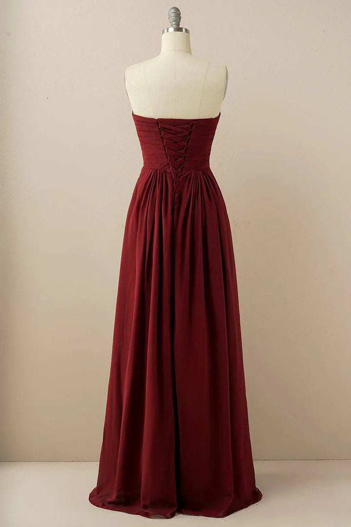 Burgundy Sweetheart Chiffon A-Line Off-the-Shoulder Pleats Bridesmaid Dress