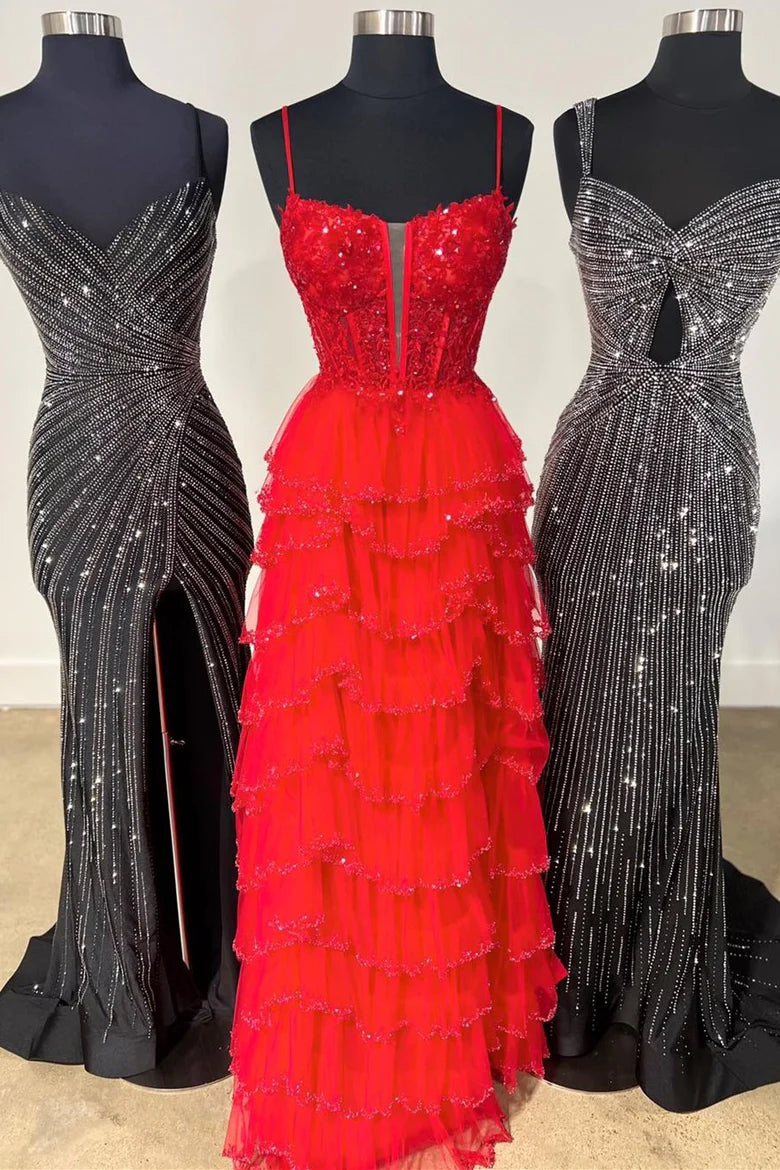 Sequin Lace Spaghetti Strap Ruffle Tiered Long Prom Dress