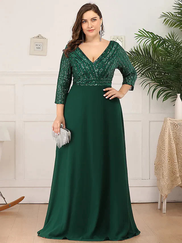 Mother of the Bride Dress Plus Size Elegant V Neck Floor Length Polyester 3/4 Length Sleeve with Sequin