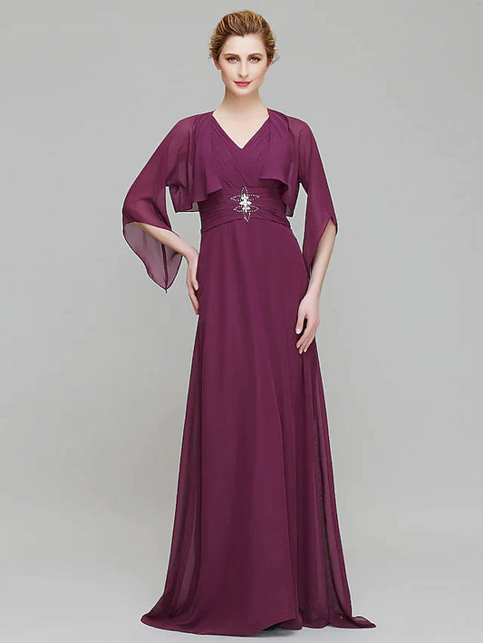 Mother of the Bride Dress V Neck Floor Length Chiffon 3/4 Length Sleeve with Criss Cross Crystals  1 review