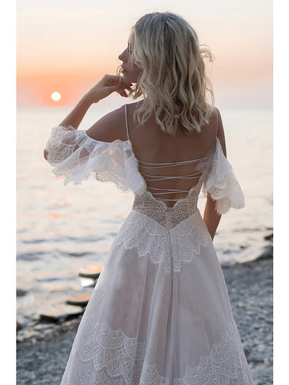 A-Line Wedding Dresses V Neck Lace Tulle Short Sleeve Illusion Detail Backless with Lace