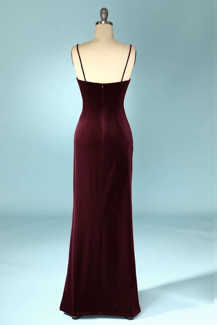 Burgundy Velvet V-Neck Straps Long Bridesmaid Dress with Slit