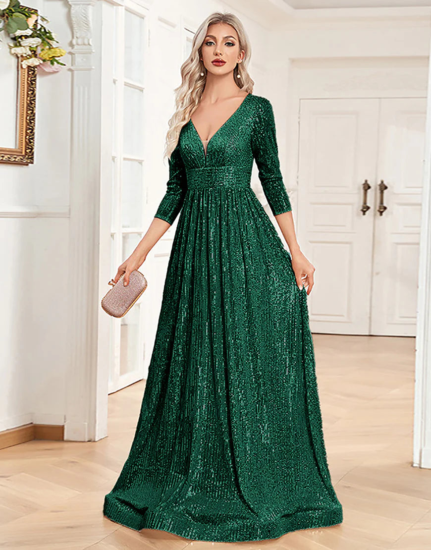 A-Line Glitter Long Mother of the Bride Dress with 3/4 Sleeves