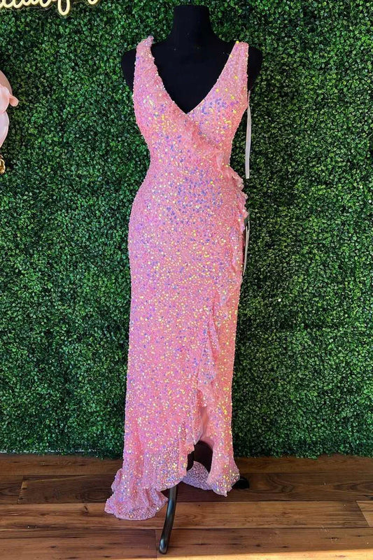Sequin V-Neck Backless Long Prom Dress with Ruffles