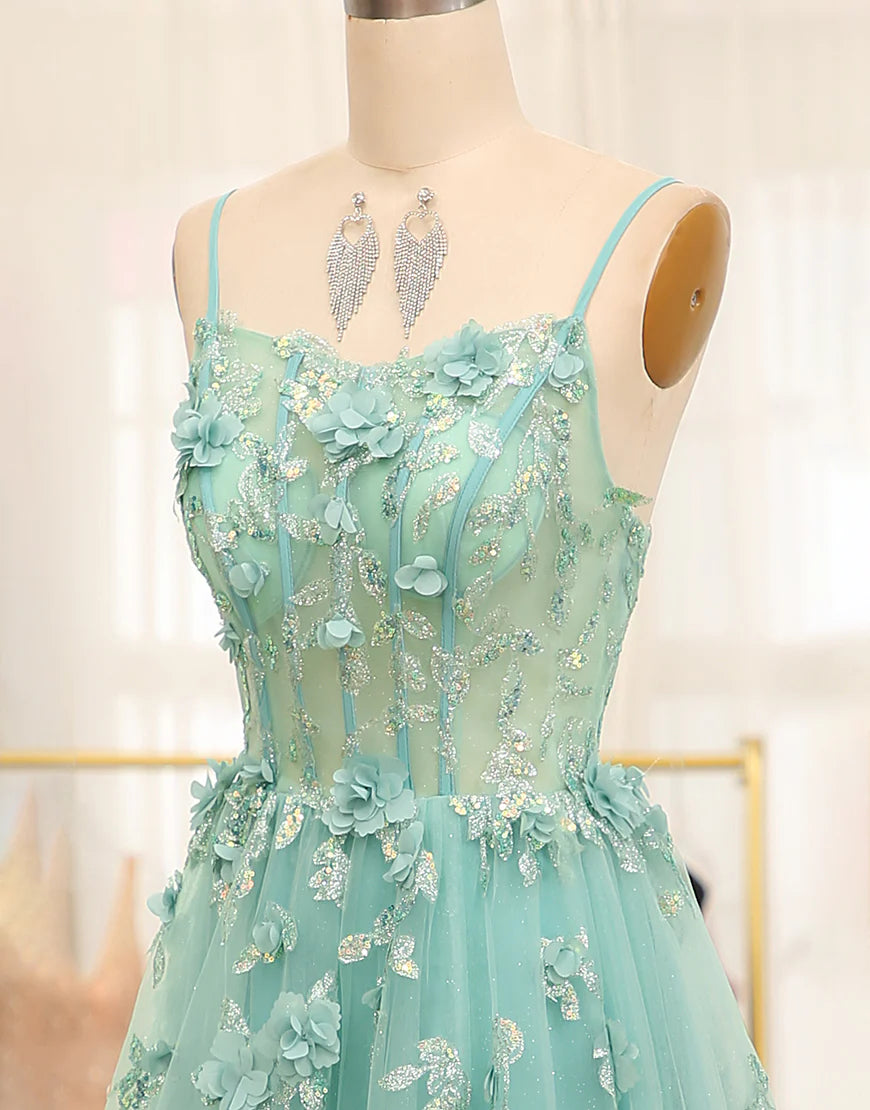 A Line Tulle Appliqued Long Prom Dress With Slit