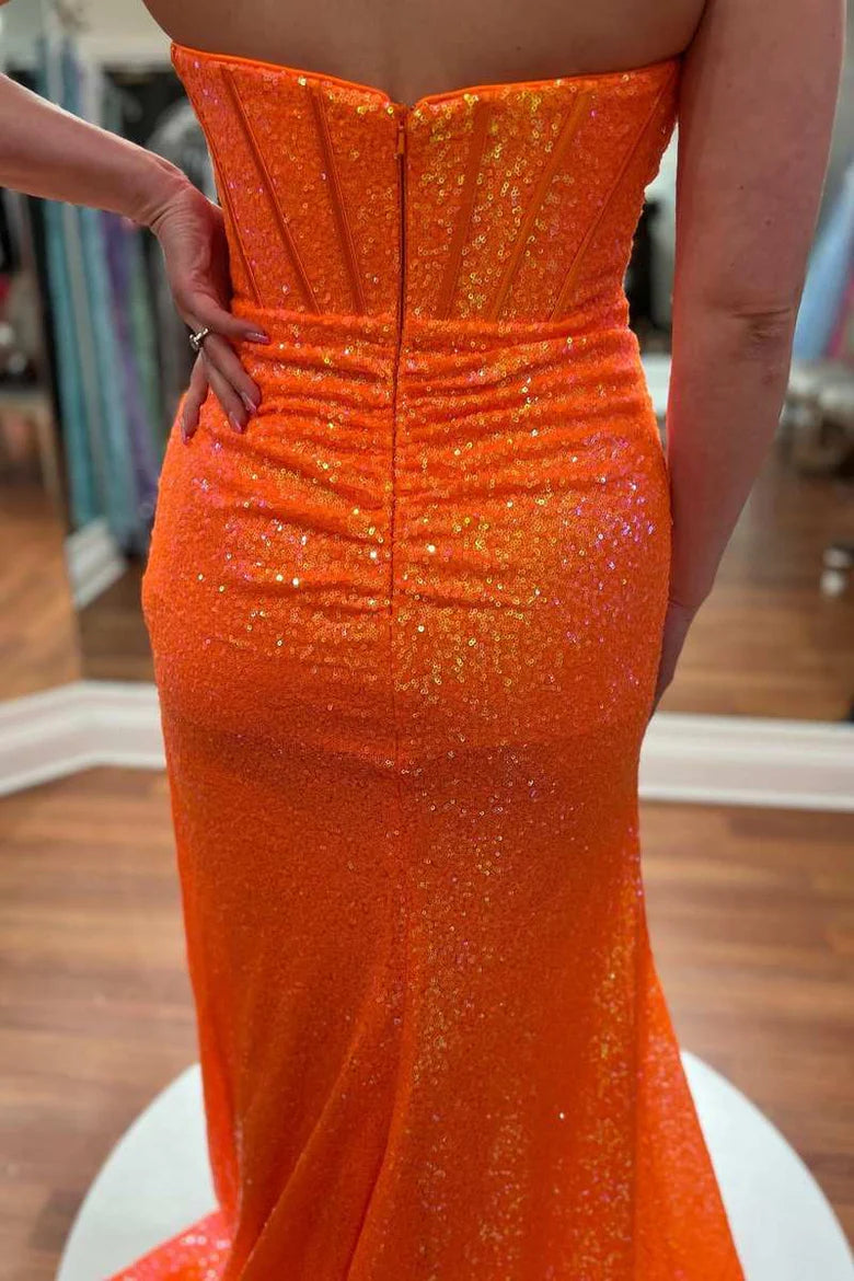 Sequin Strapless Mermaid Long Prom Dress with Balloon Sleeves