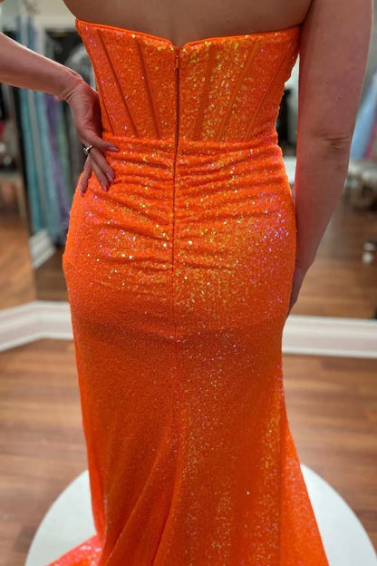 Sequin Strapless Mermaid Long Prom Dress with Balloon Sleeves