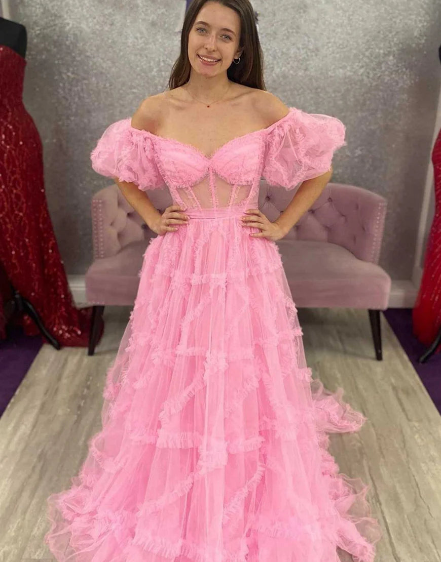 A Line Off The Shoulder Tulle Long Prom Dress