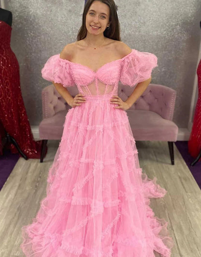 A Line Off The Shoulder Tulle Long Prom Dress