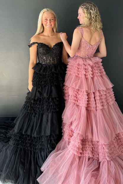 Tulle Off-the-Shoulder Ruffle Tiered Long Prom Dress