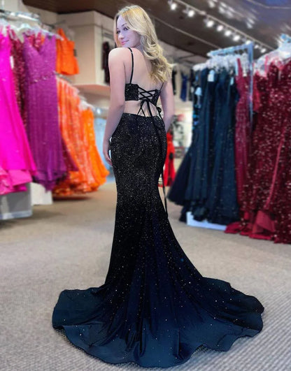 Sheath Beaded Long Side Slit Prom Dress