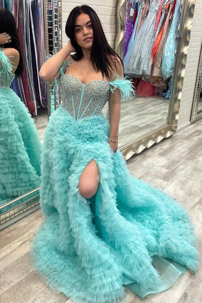 Beaded Feather Off-the-Shoulder Tiered Long Prom Dress with Ruffles