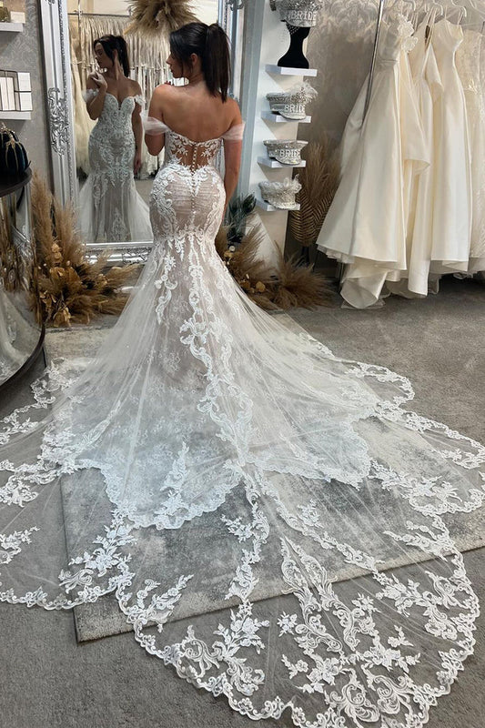 Elegant Mermaid Sweetheart V-Neck Off-the-Shoulder Lace Wedding Dresses with Train
