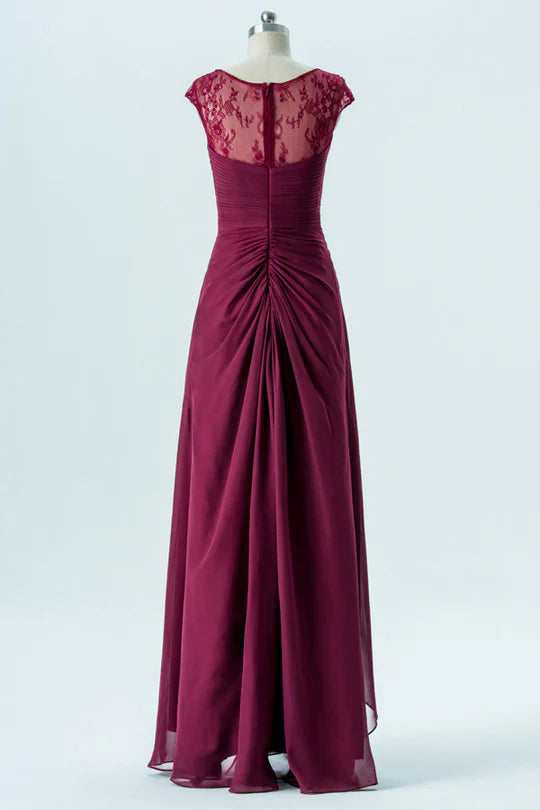 Magenta Chiffon V-Neck Cap Lace Sleeves Long Bridesmaid Dress