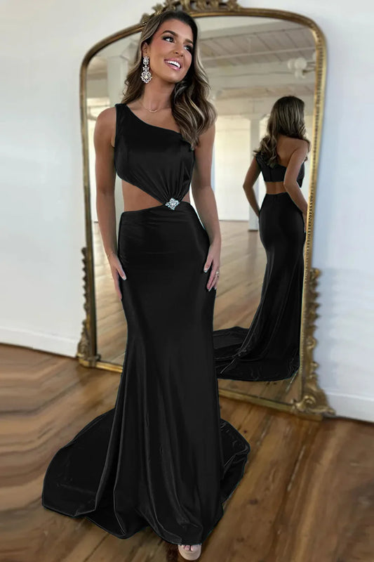 Hollow Out Black Mermaid One Shoulder Slim-fit Floor-Length Long Prom Dress