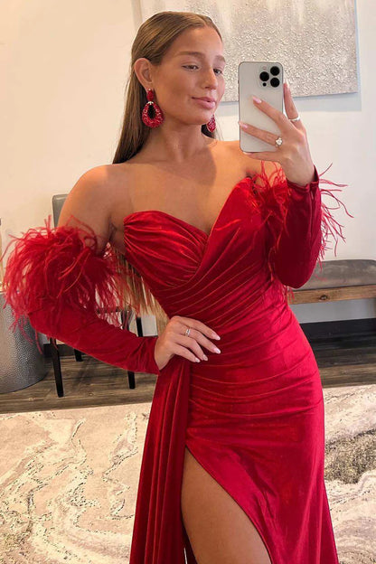 Strapless Long Sleeve Mermaid Prom Dress with Slit