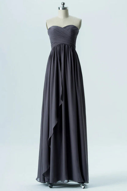 Charcoal Grey Chiffon Strapless Off-the-Shoulder Bridesmaid Dress