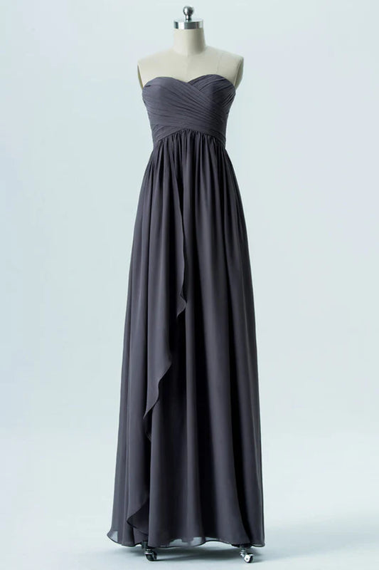 Charcoal Grey Chiffon Strapless Off-the-Shoulder Bridesmaid Dress