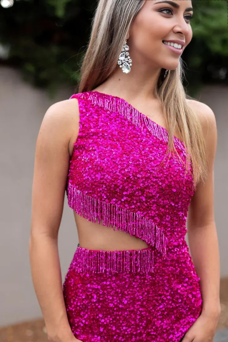 Cute Bodycon One Shoulder Fuchsia Sequins Short Homecoming Dresses with Beading