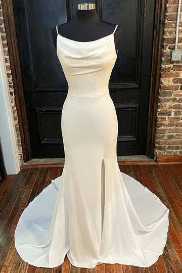 White Cowl Neck Backless Back Buckle Mermaid Long Wedding Dress with Slit