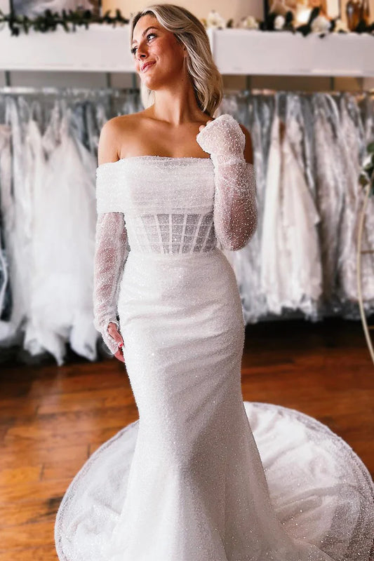 Fashion Mermaid Off the Shoulder White Sequins Long Wedding Dresses with Sleeves