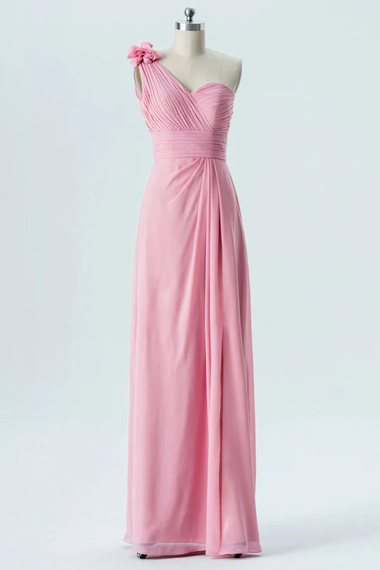 Pink One-Shoulder 3D Stereoscopic Flower Unique design Pleats Bridesmaid Dress