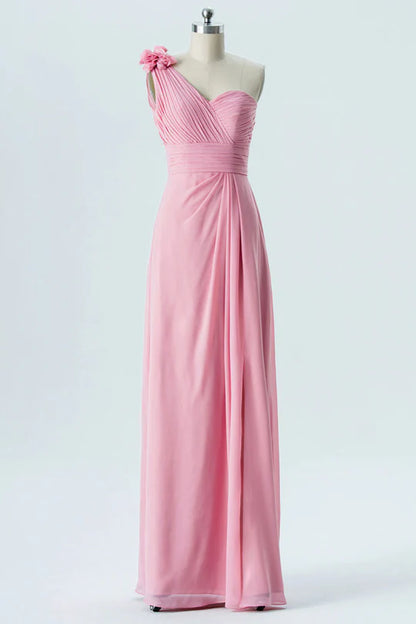 Pink One-Shoulder 3D Stereoscopic Flower Unique design Pleats Bridesmaid Dress