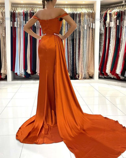 Sheath Mermaid Off-the-Shoulder Sweep/Brush Train Dresses Satin Long Evening Dress With Slit