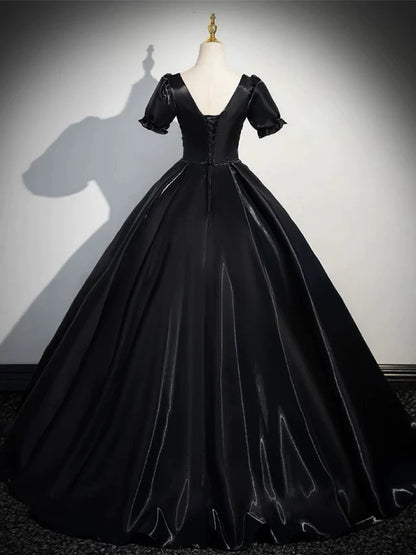 Luxury A-Line Short Sleeve Black Satin Long Fantastic Prom Dress Atmosphere Evening Dress