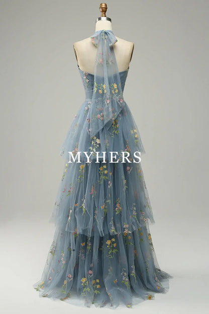Formal Wear Dresses A Line Halter Floor Length Tulle Luxury Embroidery High Quality Fantastic Prom Dress