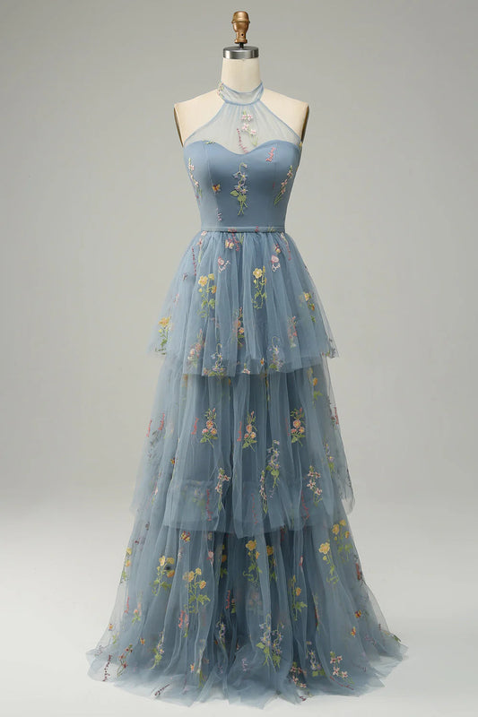 Formal Wear Dresses A Line Halter Floor Length Tulle Luxury Embroidery High Quality Fantastic Prom Dress