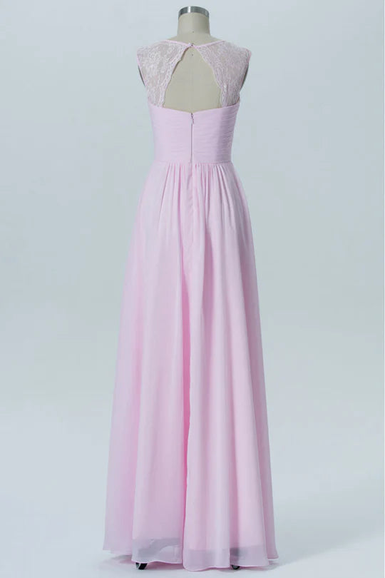 Pink Lace Straps Square neck Chiffon Cutout Back Bridesmaid Dress