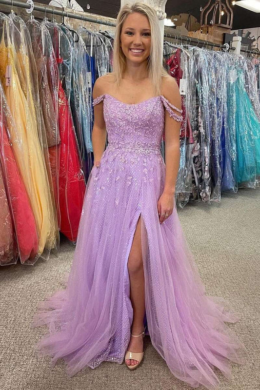 Tulle Off-the-Shoulder Appliqués Long Prom Dress
