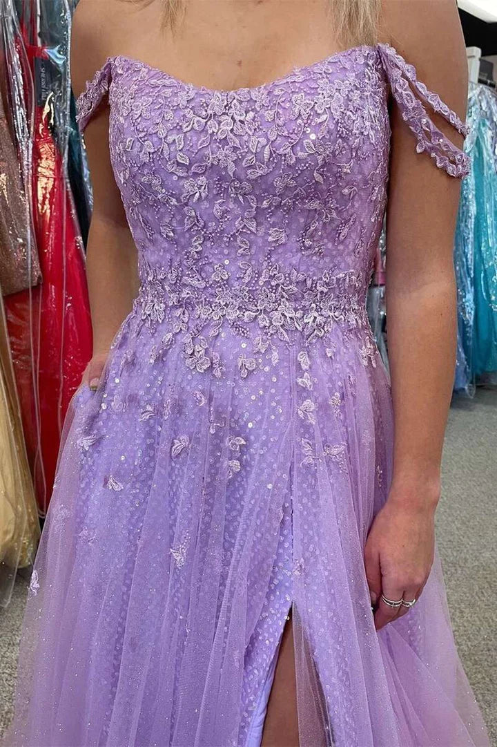 Tulle Off-the-Shoulder Appliqués Long Prom Dress