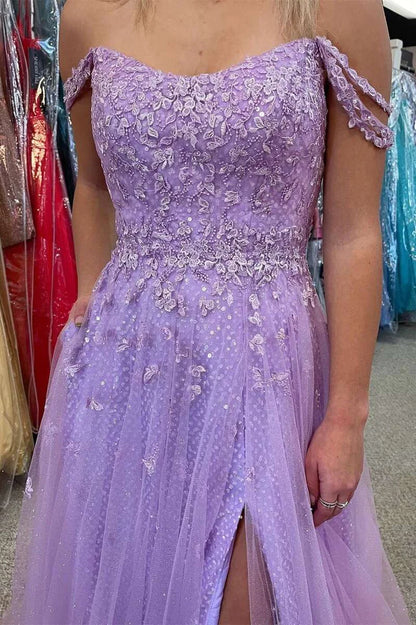 Tulle Off-the-Shoulder Appliqués Long Prom Dress