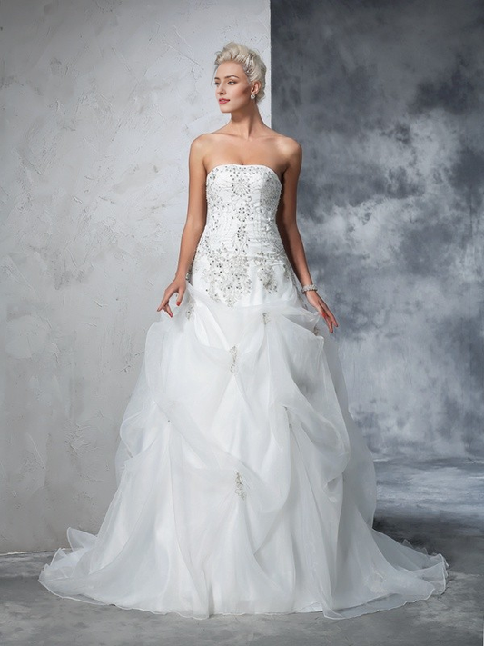 Autumn Winter Strapless Beading Sleeveless Long Irregular Organza Gorgeous Wedding Dresses