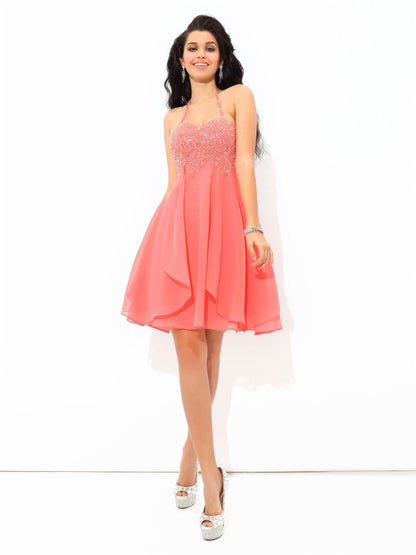 A-Line/Princess Halter Beading Sleeveless Short Chiffon Halter-neck Cocktail Dresses