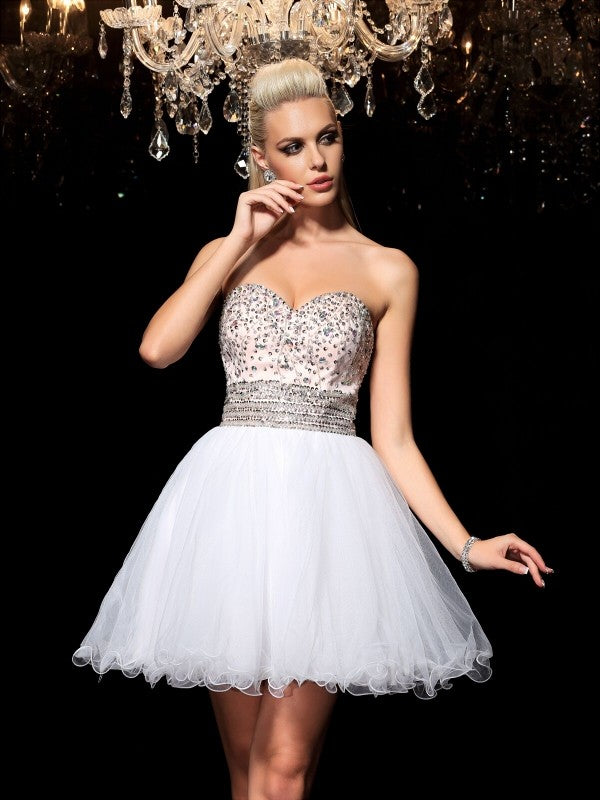 A-Line/Princess Sweetheart Beading Sleeveless Short Net Cocktail Dresses