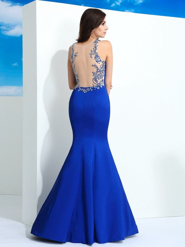 Sheath/Column Sheer Neck Beading Sleeveless Long Satin Dresses