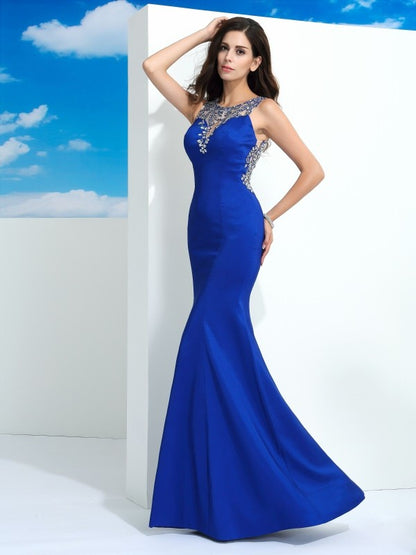 Sheath/Column Sheer Neck Beading Sleeveless Long Satin Dresses