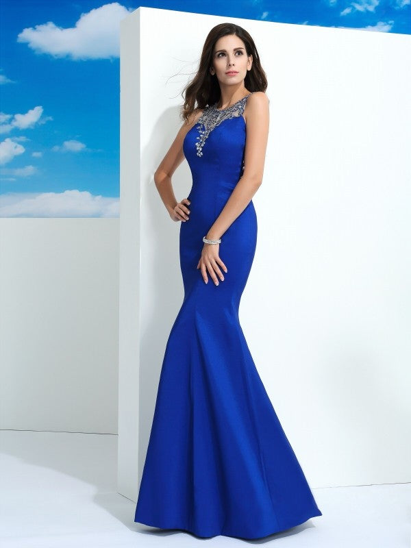 Sheath/Column Sheer Neck Beading Sleeveless Long Satin Dresses