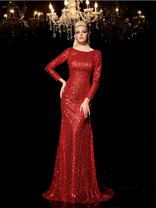 Sheath/Column Scoop Sequin Long Sleeves Long Sequins Party Dresses Formal Dresses