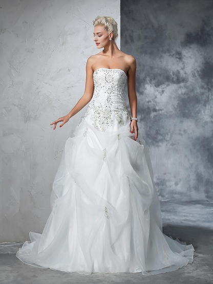 Autumn Winter Strapless Beading Sleeveless Long Irregular Organza Gorgeous Wedding Dresses