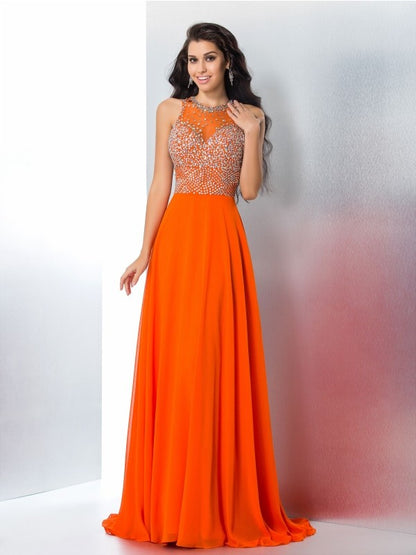 Trumpet/Mermaid Scoop Beading Sleeveless Floor Length Chiffon Dresses