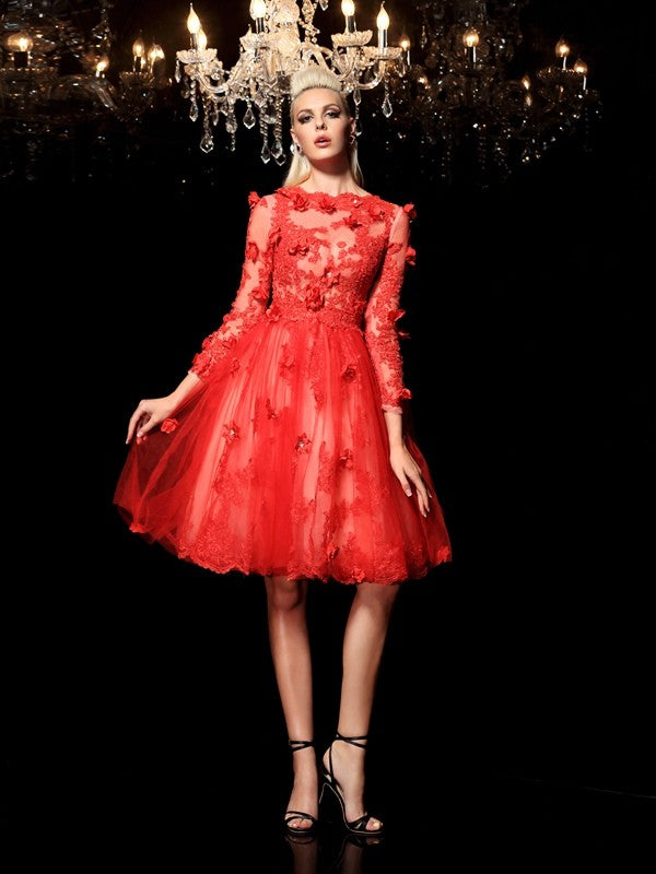 A-Line/Princess Lace Sheer Neck Applique 3/4 Sleeves Short Net Red Floral Cocktail Dresses