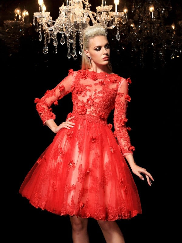 A-Line/Princess Lace Sheer Neck Applique 3/4 Sleeves Short Net Red Floral Cocktail Dresses