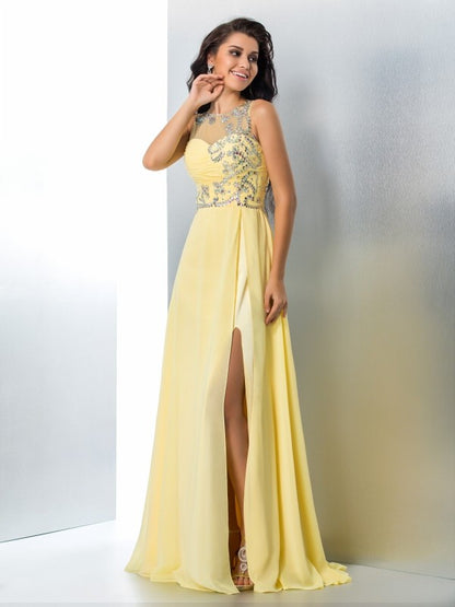 A-Line/Princess Sheer Neck Beading Sleeveless Long Chiffon Dresses